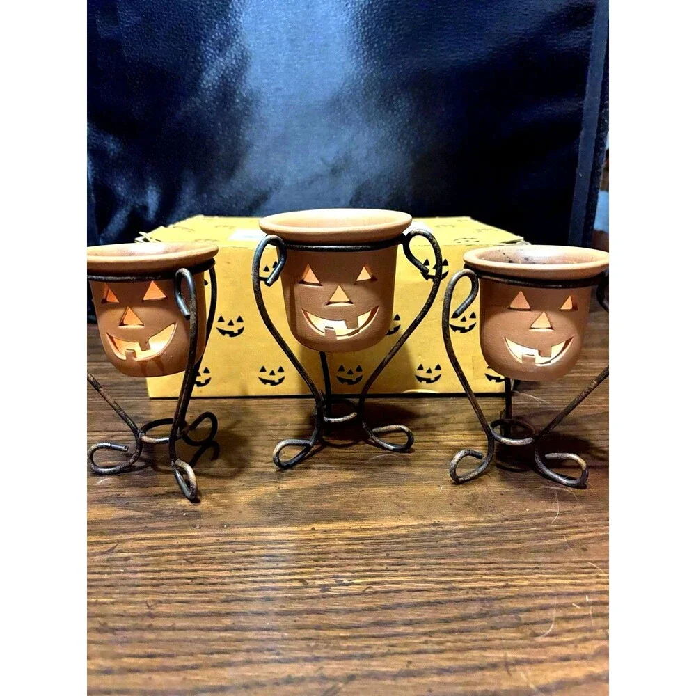 Vintage Terra-Cotta Jack-O'-Lantern Votive Candle Holders Set Of 3, Metal Stands